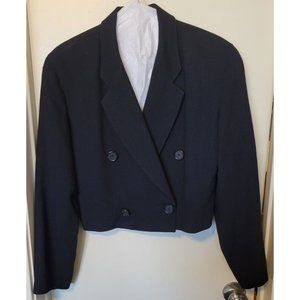 Vintage Cropped Double Breasted Pitch Black Women's Blazer Jacket, Size 8, Wool